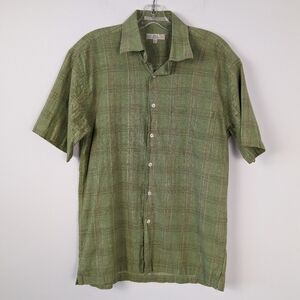 Bill Blass Green Plaid Short Sleeve Linen Blend Shirt Sz M Bohemian Cottagecore